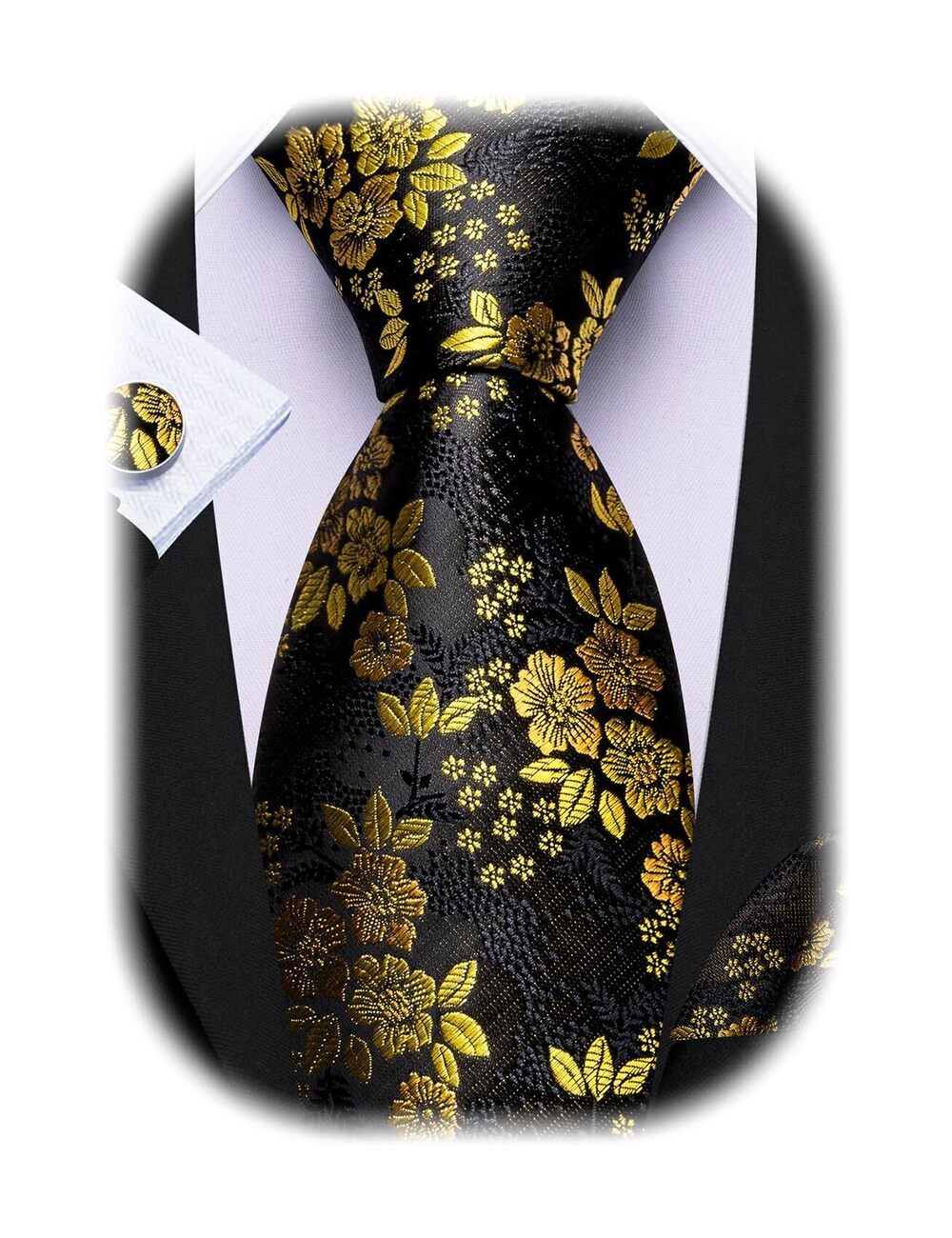 8168 Black Yellow Flower Ties Silk Woven Floral Tie Sets Necktie